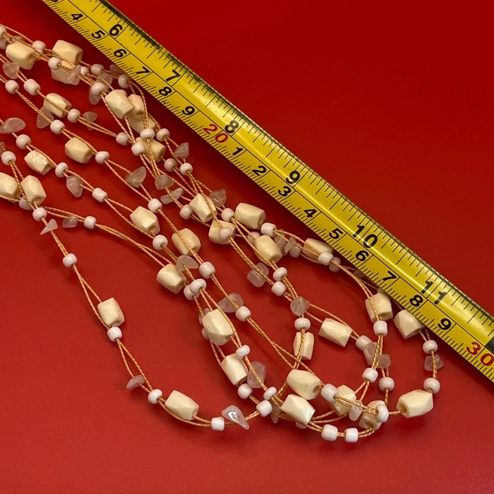 Vintage‎ Multi Strand Beaded Necklace White Cream Stone Shell Boho Beachy